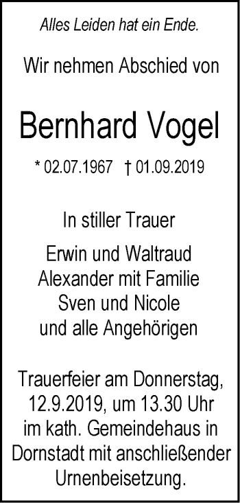 Traueranzeige von Bernhard Vogel von SÜDWEST PRESSE Ausgabe Ulm/Neu-Ulm