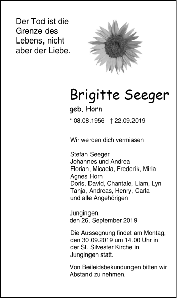 Traueranzeige von Brigitte Seeger von Hohenzollerische Zeitung