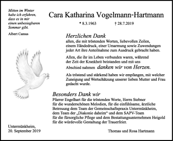 Traueranzeige von Cara Katharina Vogelmann-Hartmann von Haller Tagblatt