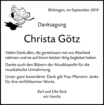 Traueranzeige von Christa Götz von Alb-Bote/Metzinger-Uracher Volksblatt