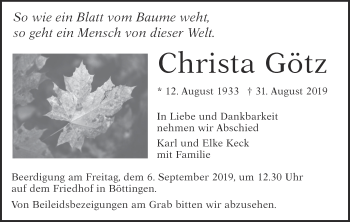 Traueranzeige von Christa Götz von Alb-Bote/Metzinger-Uracher Volksblatt