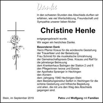 Traueranzeige von Christine Henle von Hohenzollerische Zeitung