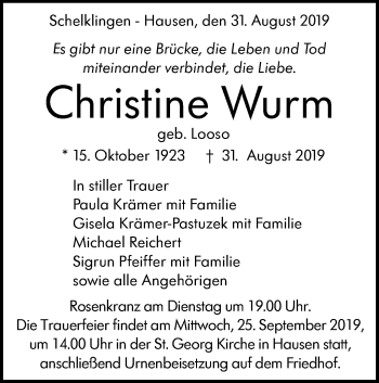 Traueranzeige von Christine Wurm von Metzinger-Uracher Volksblatt