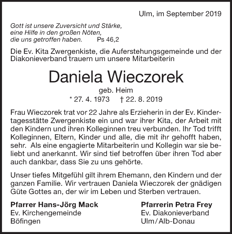  Traueranzeige für Daniela Wieczorek vom 07.09.2019 aus SÜDWEST PRESSE Ausgabe Ulm/Neu-Ulm