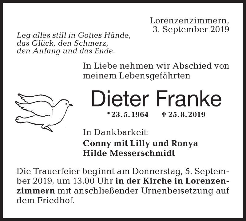  Traueranzeige für Dieter Franke vom 03.09.2019 aus Haller Tagblatt