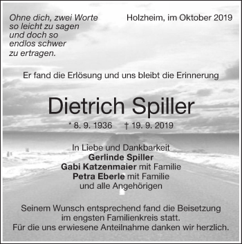 Traueranzeige von Dietrich Spiller von NWZ Neue Württembergische Zeitung