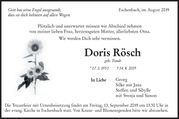 Traueranzeige von Doris Rösch von NWZ Neue Württembergische Zeitung