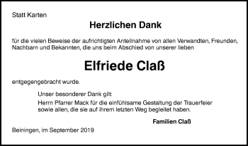 Traueranzeige von Elfriede Claß von SÜDWEST PRESSE