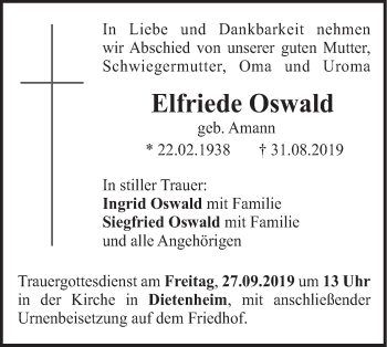 Traueranzeige von Elfriede Oswald von Illertal Bote