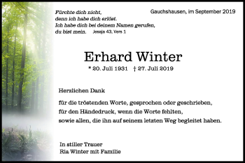 Traueranzeige von Erhard Winter von Hohenloher Tagblatt