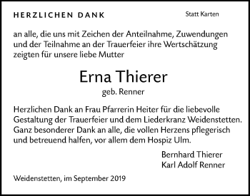 Traueranzeige von Erna Thierer von SÜDWEST PRESSE