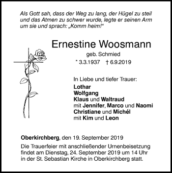 Traueranzeige von Ernestine Woosmann von SÜDWEST PRESSE Ausgabe Ulm/Neu-Ulm