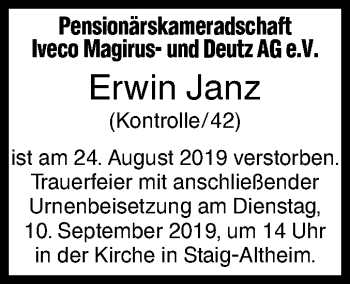 Traueranzeige von Erwin Janz von SÜDWEST PRESSE Ausgabe Ulm/Neu-Ulm