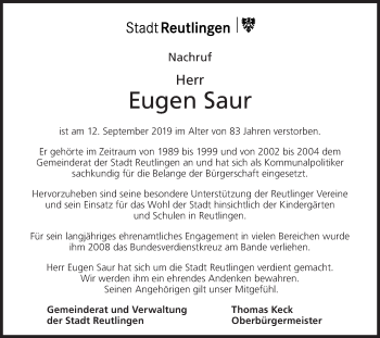 Traueranzeige von Eugen Saur von Metzinger-Uracher Volksblatt