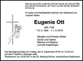 Traueranzeige von Eugenie Ott von Hohenzollerische Zeitung