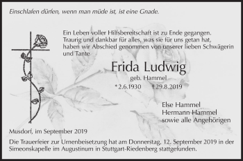 Traueranzeige von Frida Ludwig von Hohenloher Tagblatt