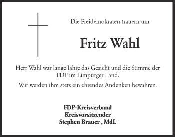 Traueranzeige von Fritz Wahl von Rundschau Gaildorf