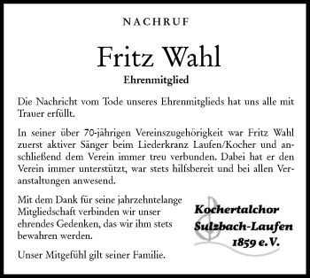 Traueranzeige von Fritz Wahl von Rundschau Gaildorf