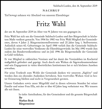 Traueranzeige von Fritz Wahl von Rundschau Gaildorf