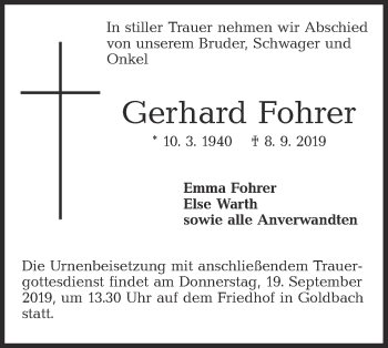 Traueranzeige von Gerhard Fohrer von Hohenloher Tagblatt