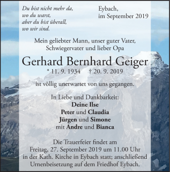 Traueranzeige von Gerhard Bernhard Geiger von Geislinger Zeitung