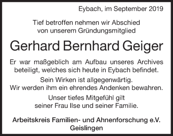 Traueranzeige von Gerhard Bernhard Geiger von Geislinger Zeitung