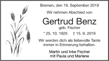 Traueranzeige von Gertrud Benz von Geislinger Zeitung