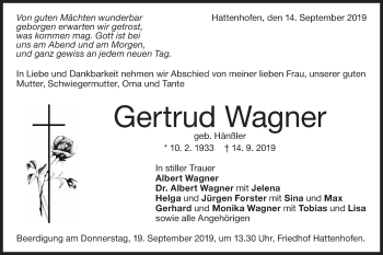 Traueranzeige von Gertrud Wagner von NWZ Neue Württembergische Zeitung