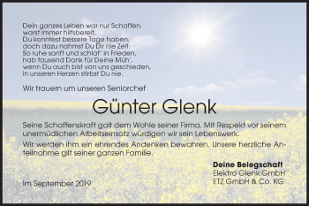 Traueranzeige von Günter Glenk von Hohenloher Tagblatt