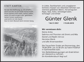 Traueranzeige von Günter Glenk von Hohenloher Tagblatt