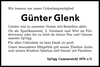 Traueranzeige von Günter Glenk von Hohenloher Tagblatt