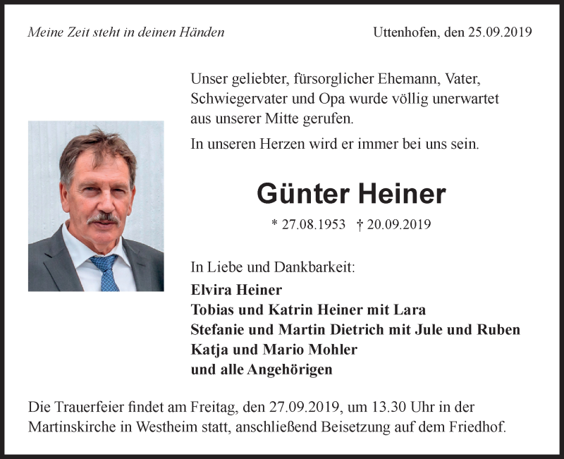  Traueranzeige für Günter Heiner vom 25.09.2019 aus Haller Tagblatt