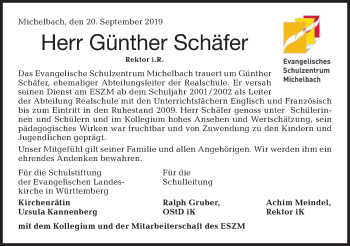 Traueranzeige von Günther Schäfer von Haller Tagblatt