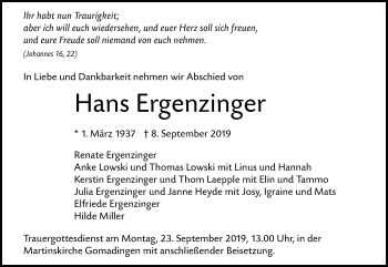 Traueranzeige von Hans Ergenzinger von Alb-Bote/Metzinger-Uracher Volksblatt