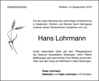 Traueranzeige von Hans Lohrmann von Geislinger Zeitung