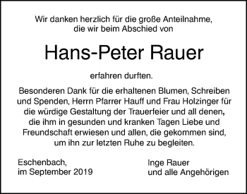 Traueranzeige von Hans-Peter Rauer von NWZ Neue Württembergische Zeitung