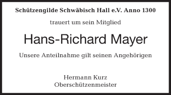 Traueranzeige von Hans-Richard Mayer von Haller Tagblatt