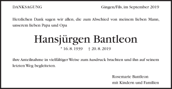 Traueranzeige von Hansjürgen Bantleon von Geislinger Zeitung