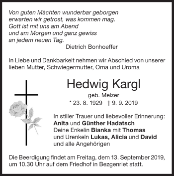 Traueranzeige von Hedwig Kargl von NWZ Neue Württembergische Zeitung