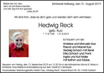 Traueranzeige von Hedwig Reck von Haller Tagblatt