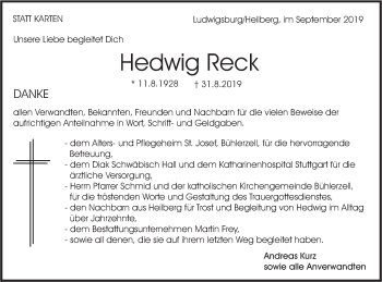 Traueranzeige von Hedwig Reck von Haller Tagblatt