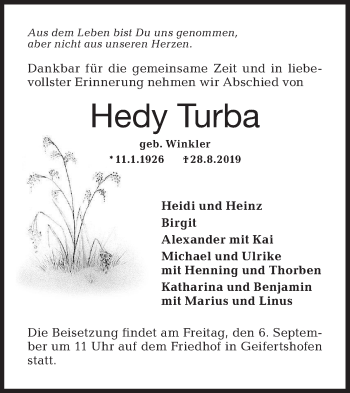 Traueranzeige von Hedy Turba von Haller Tagblatt