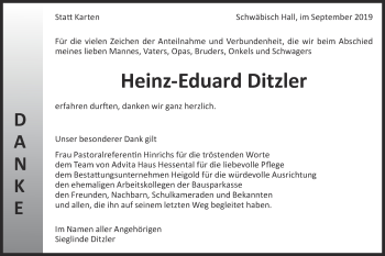 Traueranzeige von Heinz-Eduard Ditzler von Haller Tagblatt