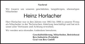 Traueranzeige von Heinz Horlacher von Haller Tagblatt