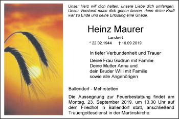 Traueranzeige von Heinz Maurer von SÜDWEST PRESSE Ausgabe Ulm/Neu-Ulm