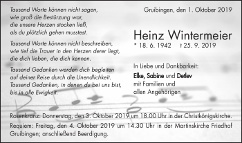 Traueranzeige von Heinz Wintermeier von NWZ Neue Württembergische Zeitung/Geislinger Zeitung