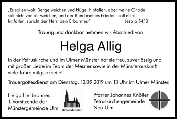 Traueranzeige von Helga Allig von SÜDWEST PRESSE Ausgabe Ulm/Neu-Ulm