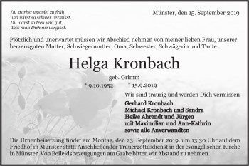 Traueranzeige von Helga Kronbach von Rundschau Gaildorf