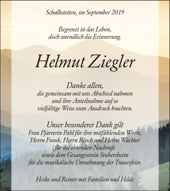 Traueranzeige von Helmut Ziegler von Geislinger Zeitung