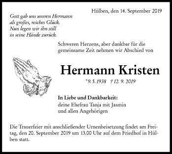 Traueranzeige von Hermann Kristen von Metzinger-Uracher Volksblatt